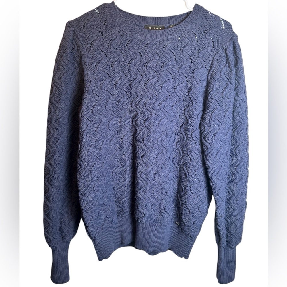 Ted Baker Navy Romanu Pointelle Sweater With Puff Sleeve Detail Size 4 (M 8-10) - Picture 1 of 6